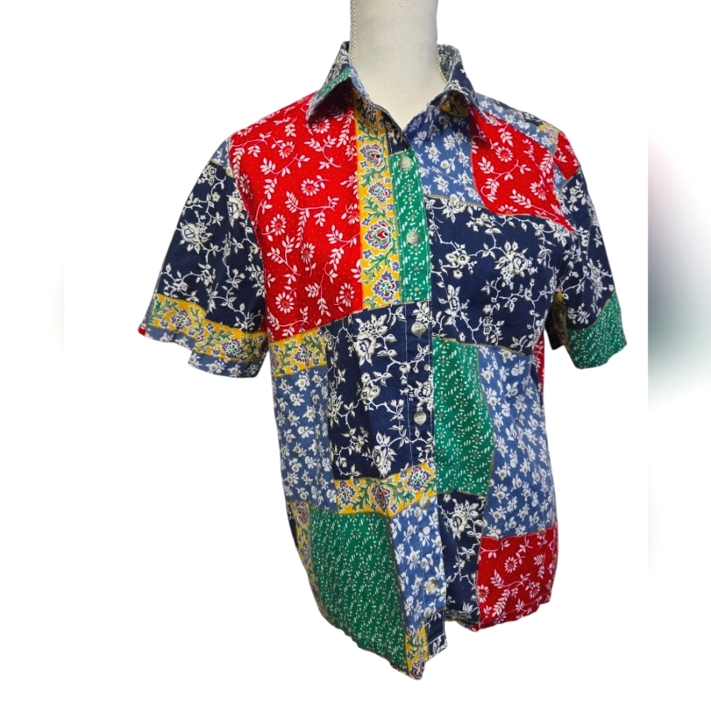 Vintage 1990s Y2K Vibrant Multicolored Patchwork Patterned Alfred Dunner shirt